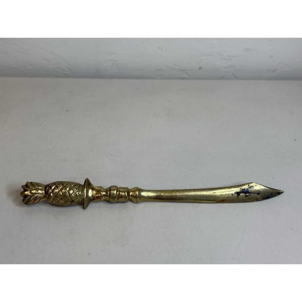 Vintage Solid Brass Pineapple Letter Opener Scimitar Sword Desk Accessory Office